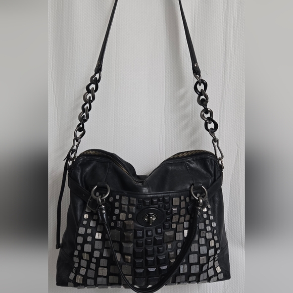 EUC RARE Coach Studded Flagship Leather Ella Black & Gunmetal Satchel - Picture 8 of 16